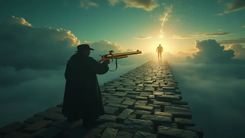 Rüyada adam vurmak: Rüyada adam vurmanın sembolik ve kaderi değiştiren etkisini temsil eden sanatsal görsel.