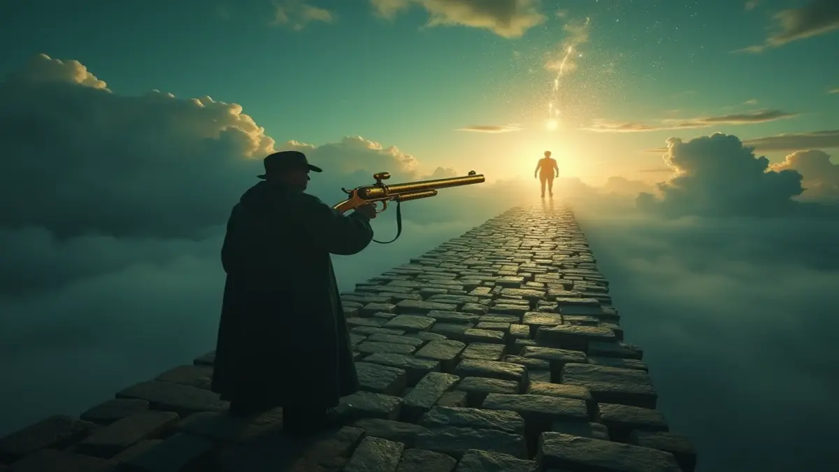 Rüyada adam vurmak: Rüyada adam vurmanın sembolik ve kaderi değiştiren etkisini temsil eden sanatsal görsel.