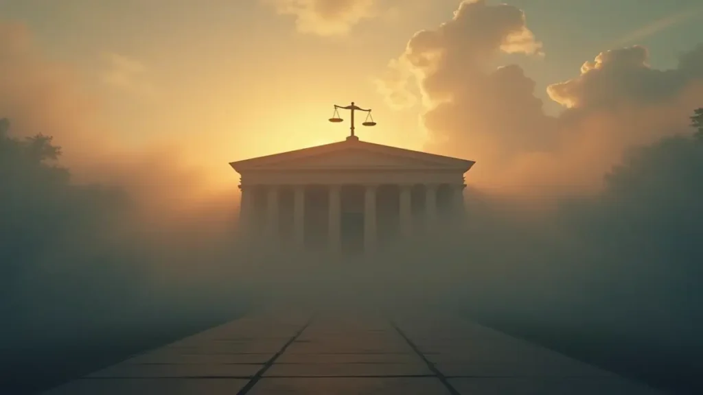 Rüyada adliye görmek, adalet, vicdan muhasebesi ve hayatın önemli karar süreçlerini simgeleyen sembolik bir görsel.