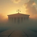 Rüyada adliye görmek, adalet, vicdan muhasebesi ve hayatın önemli karar süreçlerini simgeleyen sembolik bir görsel.