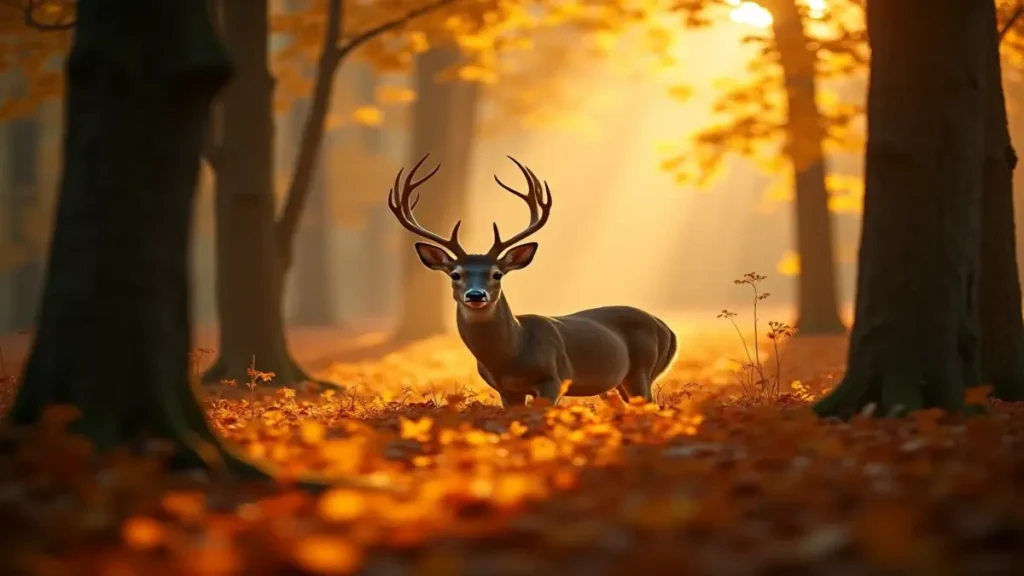 Rüyada av hayvanı görmek, genellikle helal kazanç veya bir hedefin peşinde olmak anlamına gelir. Mistik orman atmosferinde bir geyik.