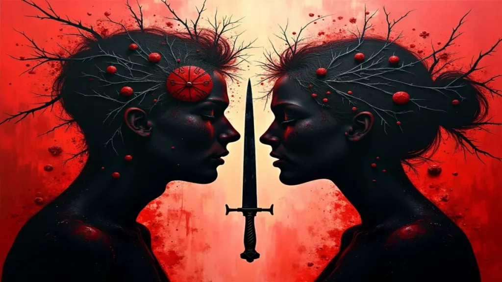 Rüyada adam bıçaklamak: Ailevi huzursuzlukları ve sosyal kopuşu temsil eden soyut kavga ve bıçaklama görseli.