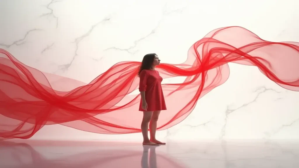 rüyada adet görmek: Duygusal boşalmayı ve arınmayı simgeleyen, beyaz zemin üzerinde uçuşan kırmızı ipek şeritler.