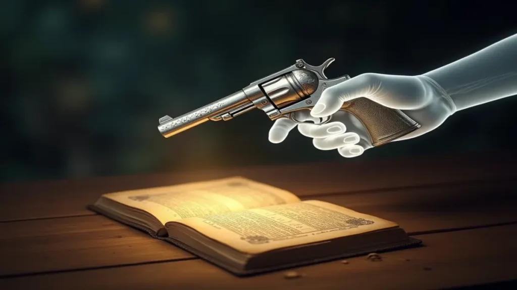 Rüyada adam vurmak diyanet: Rüyada silahla birini vurmanın manevi ve otoriter yorumunu simgeleyen ışıklı görsel.