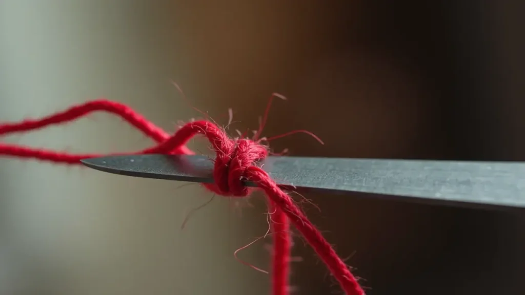 Rüyada adam bıçaklamak: Duygusal bağların kopmasını ve güven kaybını simgeleyen, bıçakla kesilen kırmızı ip görseli.