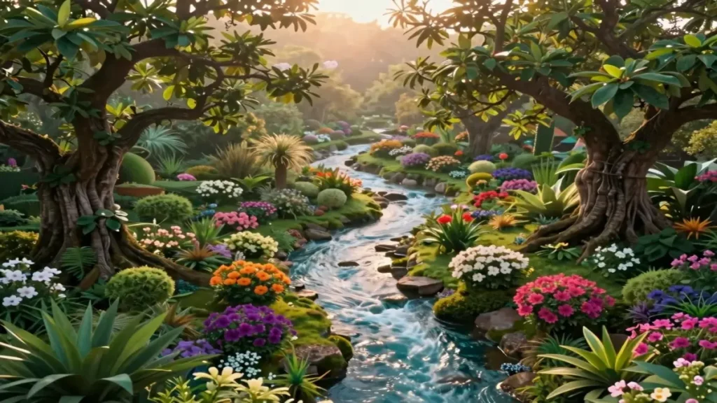 Rüyada yemyeşil, meyve dolu ve huzur veren bir bahçe manzarası.