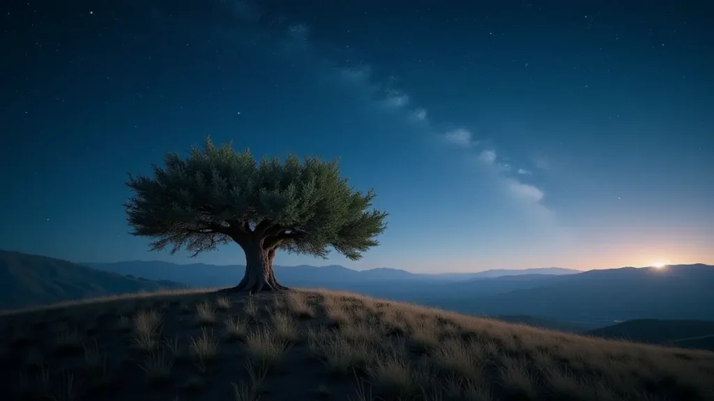 Rüyada baki olmak temasını anlatan, sonsuzluğu ve köklü devamlılığı simgeleyen kadim bir zeytin ağacı.