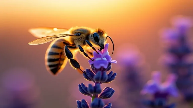 Rüyada bal arısı görmek, çalışkanlık ve kolektif çabanın getireceği bereketi simgeler. Altın saat ışığında lavanta üzerinde nektar toplayan bu bal arısı, rüyalardaki bolluk işaretini yansıtıyor.