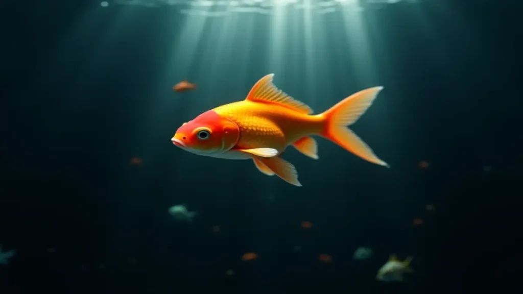 Karanlık ve derin okyanus sularında parlayan büyük bir altın balık, çevresinde bulanık renkli küçük balıklar ile yüzüyor.