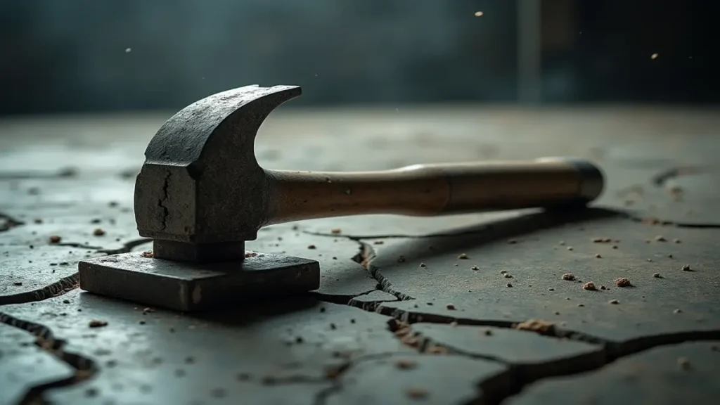 Rüyada balyoz görmek, klasik tabirlerde güç ve yıkımın sembolü olarak yorumlanır; bu görselde beton üzerindeki balyoz, rüyada engelleri aşma temasını yansıtıyor.