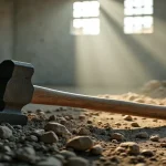 Rüyada balyoz görmek; yıkılmış betonlar üzerinde duran ağır bir balyoz, güç ve değişim sembolü.