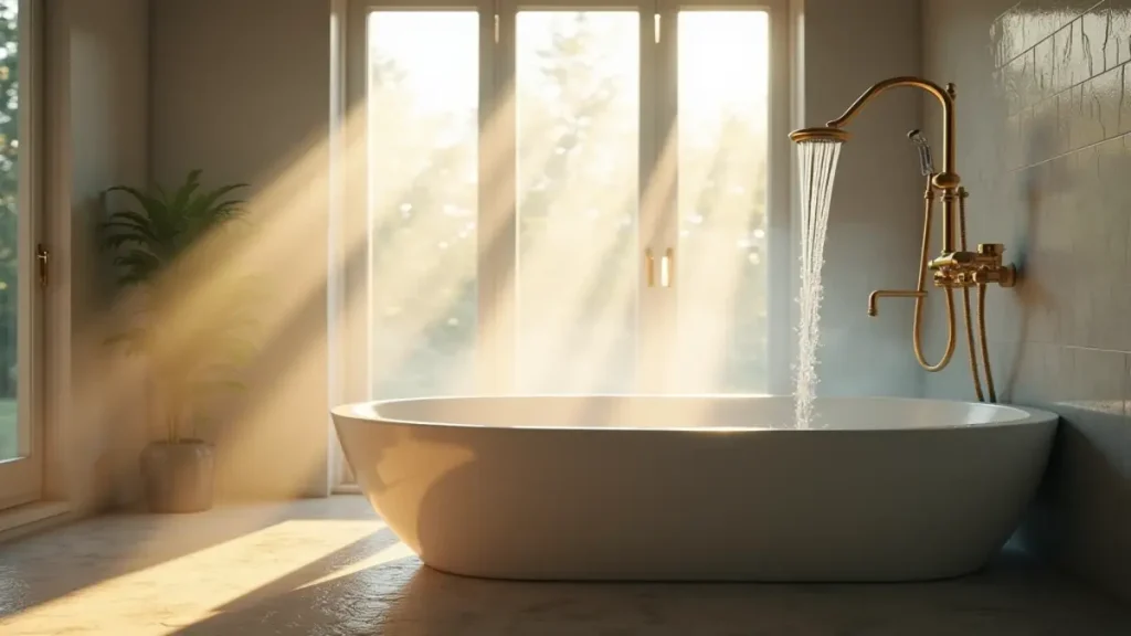 Rüyada banyo yapmak, duş almak ve manevi arınma sahnesi, suyun temizliği ve huzur dolu ortam.