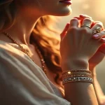 Rüyada bilezik görmek teması, kadının bileğinde altın ve gümüş bileziklerle, hafif puslu ve mistik ışıklar eşliğinde rüya atmosferi yaratılmış.