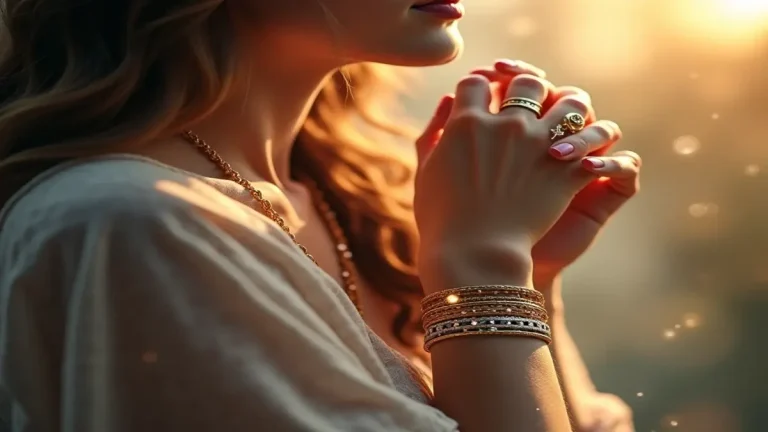 Rüyada bilezik görmek teması, kadının bileğinde altın ve gümüş bileziklerle, hafif puslu ve mistik ışıklar eşliğinde rüya atmosferi yaratılmış.