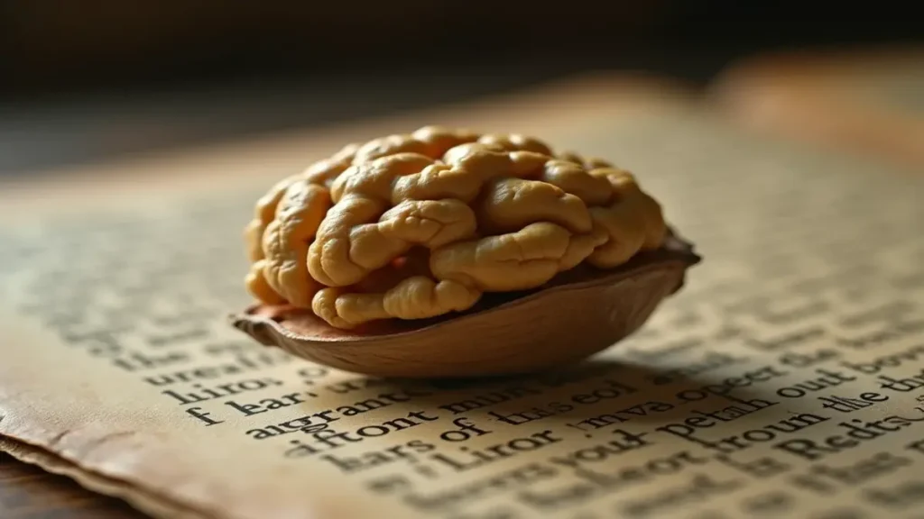 Eski bir kitabın üzerinde duran kabuklu ve içi açılmış taze ceviz görseli.