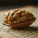 Eski bir kitabın üzerinde duran kabuklu ve içi açılmış taze ceviz görseli.