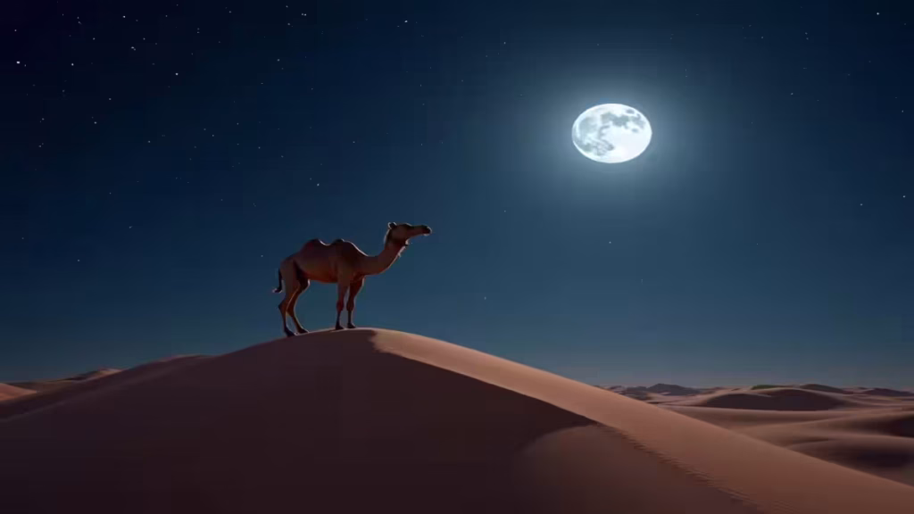 Rüyada Deve Görmek: Sabrın ve Bereketin Sırrı Rüyada deve görmek: Çölde yıldızların altında duran heybetli bir deve.