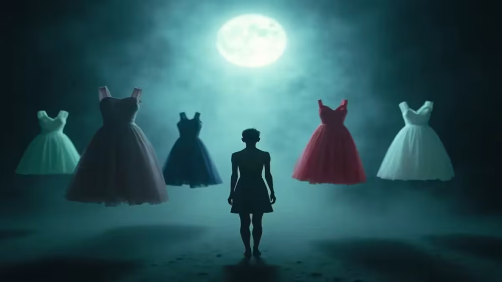 Rüyada elbise görmek, rüya tabiri, farklı renklerde elbiseler, beyaz elbise, siyah elbise, kırmızı elbise, rüya sembolleri, mistik atmosfer.
