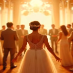 Rüyada kendi düğününde oynayan gelinlikli bir kadın, kalabalık düğün salonu, rüya tabiri sembolik görsel.