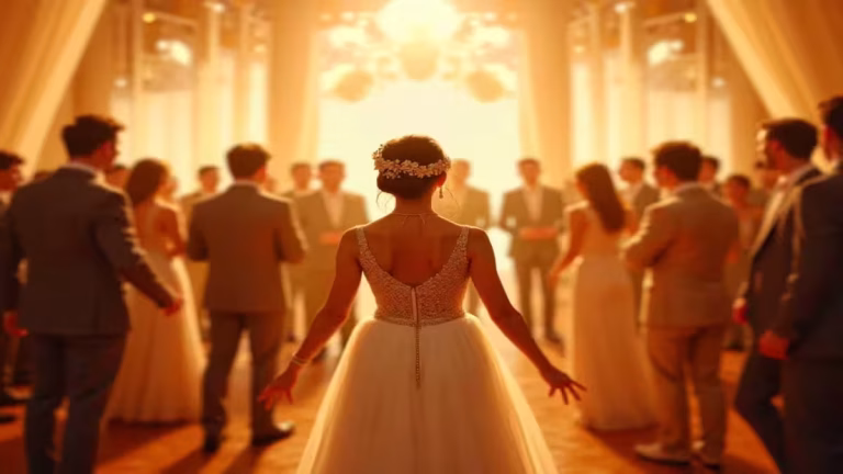 Rüyada Düğün Görmek: Hayra mı, Şerre mi? 40 Günde Çıkan Sırlar Rüyada kendi düğününde oynayan gelinlikli bir kadın, kalabalık düğün salonu, rüya tabiri sembolik görsel.